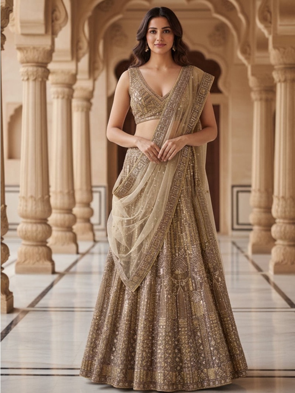 Gold Embellished Lehenga Choli with Sheer Dupatta
